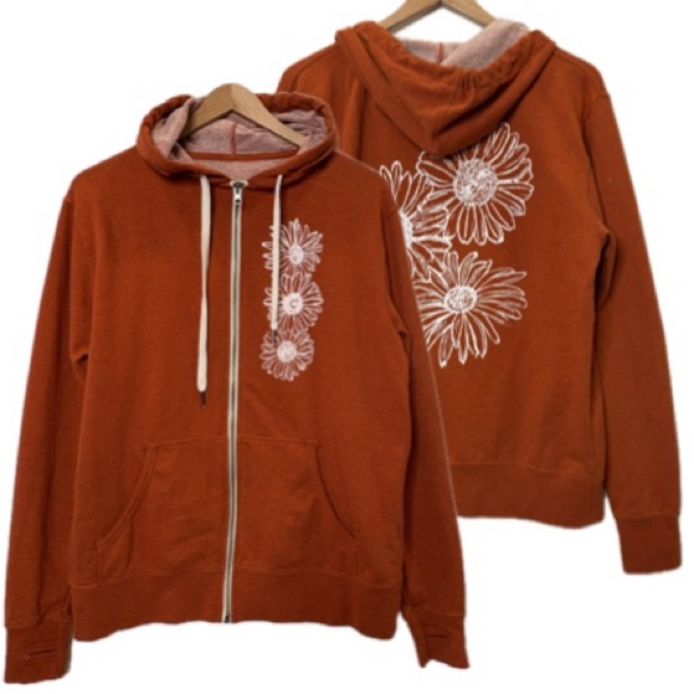 El Sage Designs Daisy Floral Graphic Zip Hoodie Womens Size M Burnt Orange